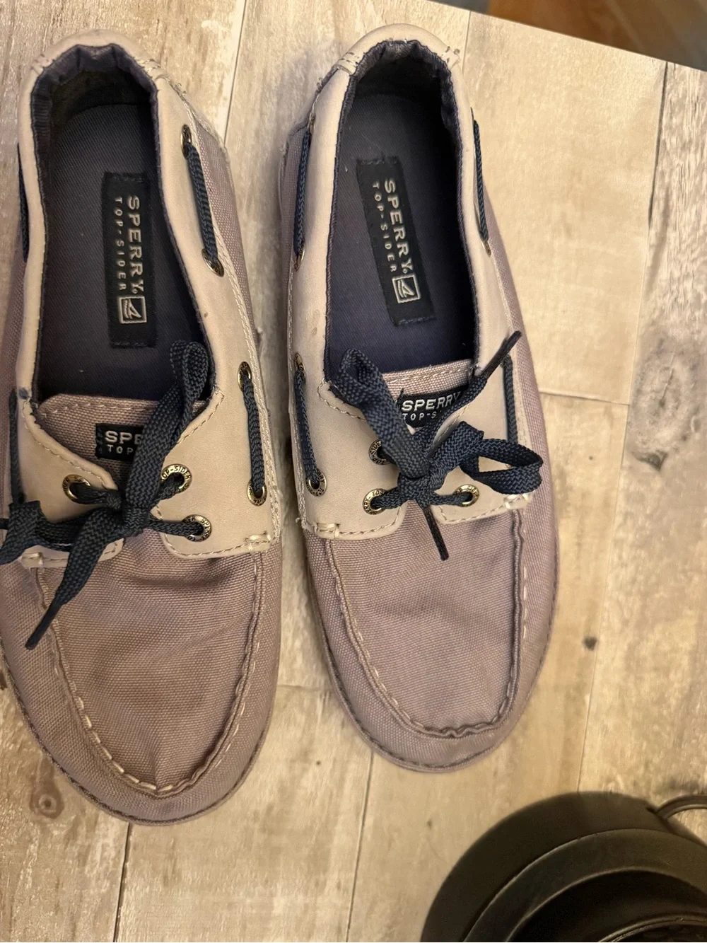 Sperry Lavender Canvas Kids Boat Shoes with Navy Laces